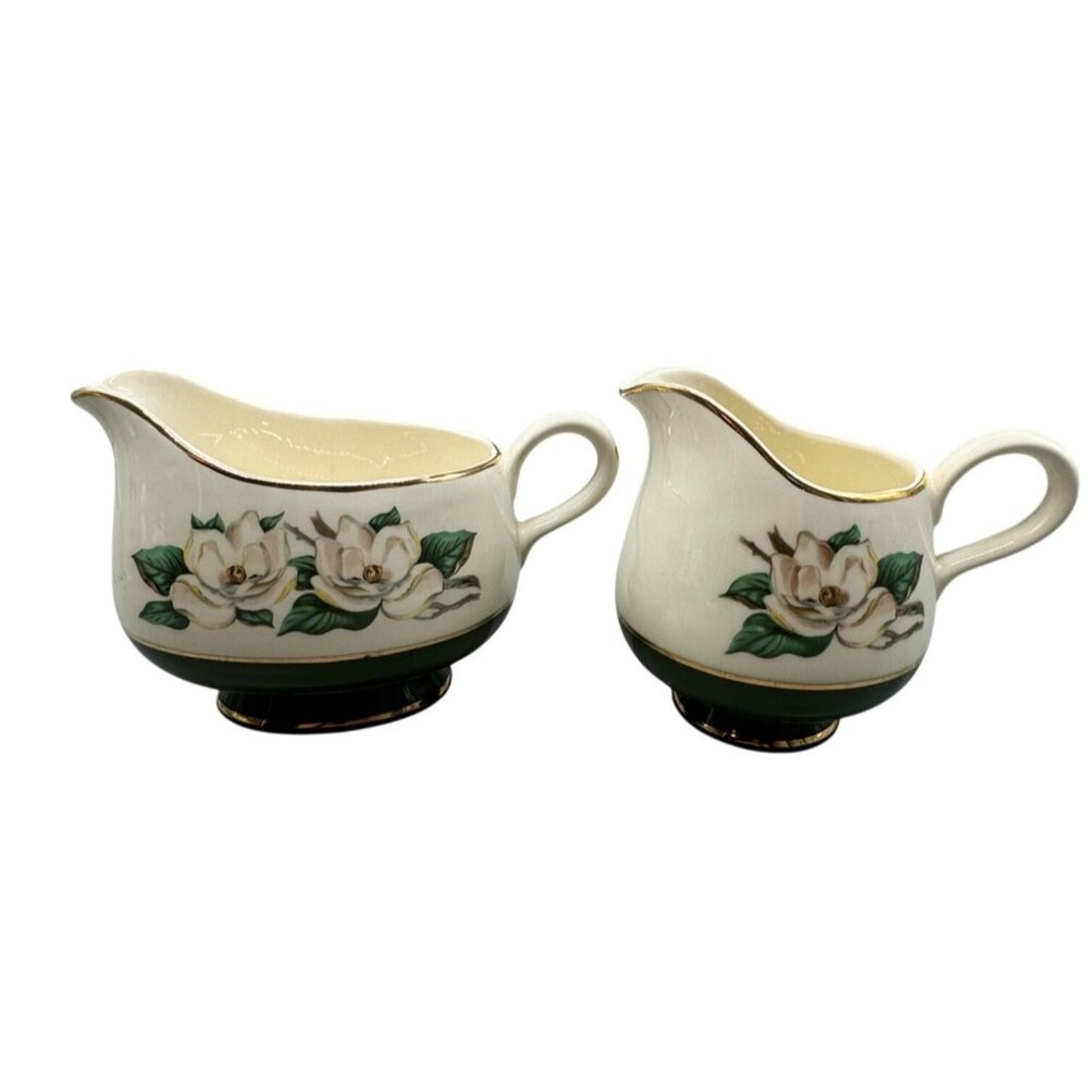 Cavalier Eggshell Porcelain Creamer & Sugar Magnolia Flower Design & Gold READ